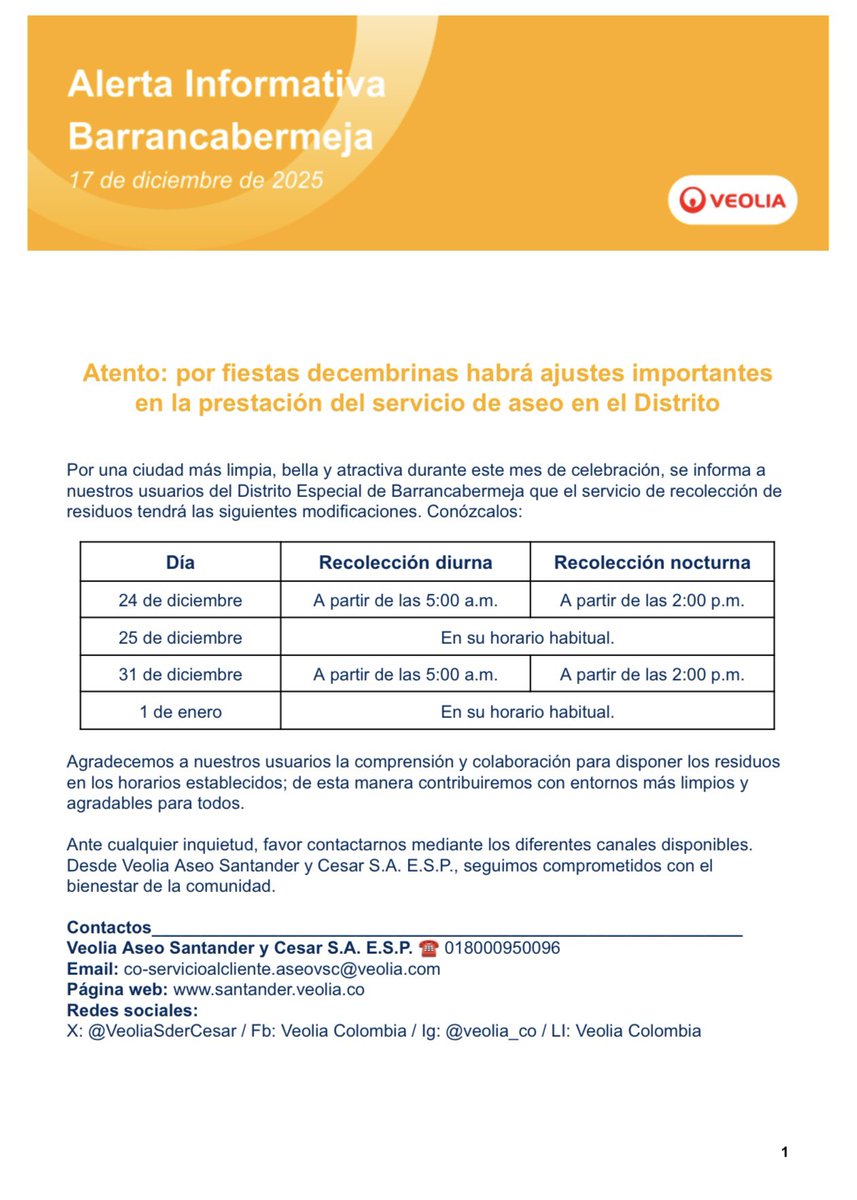 VeoliaSderCesar's tweet image. 🚨¡ALERTA INFORMATIVA!🚨

A la comunidad del Distrito Especial de #Barrancabermeja, informamos las siguientes novedades en el servicio de recolección de residuos, por festividades decembrinas👇🏼: