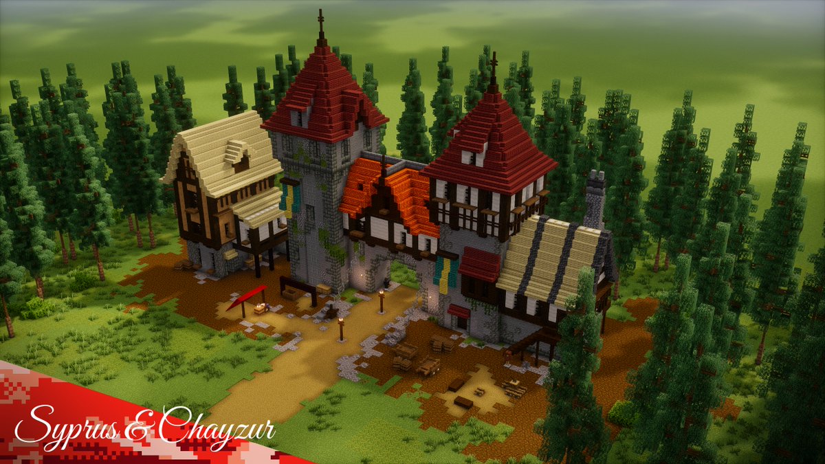 SyprusBuilds's tweet photo. Me and @Chayzur recreated the new @Hytale screenshot in Minecraft! This took us about 6 hours to complete start to finish in one stream listed on my channel.

For anyone wondering:
- I did most of the exterior & building work, Chayzur did most of the groundwork (excluding the trees)
- There are thousands of block entities to replicate vertical slabs and more.

#Hytale #HytaleBuilds #HytaleBuilding