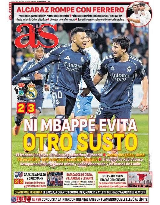غلاف صحيفة الآس | مبابي يواجه خطرًا جديدًا. الفرنسي لعب المباراة كاملة وتأهل ريال مدريد، مسجلاً هدفين ليصل إلى 58 هدفًا هذا العام، على بعد هدف واحد من رقم كريستيانو القياسي. فريق تشابي ألونسو اختفى في الشوط الثاني 