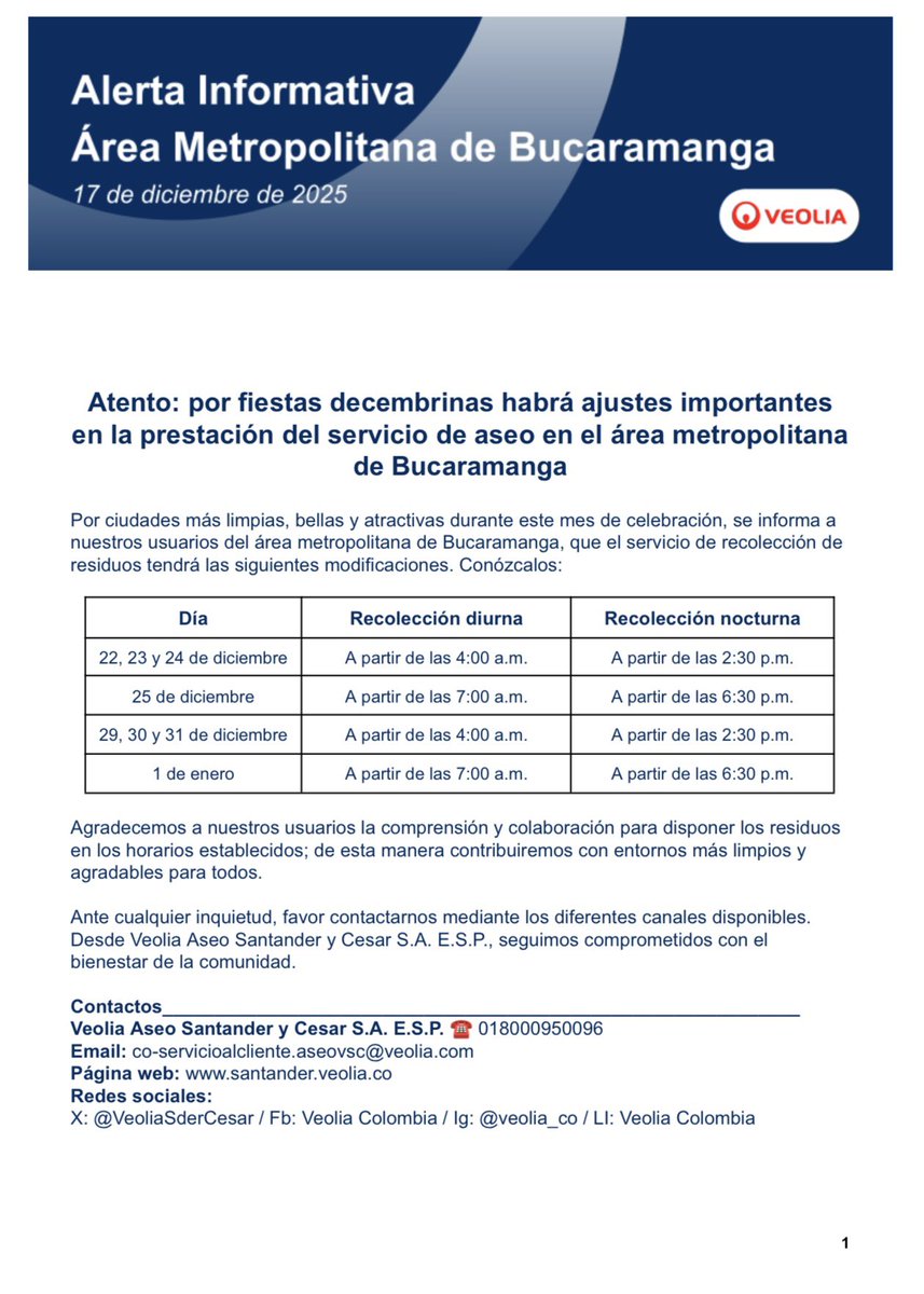 VeoliaSderCesar's tweet image. 🚨¡ALERTA INFORMATIVA!🚨

A la comunidad del Área Metropolitana de #Bucaramanga, informamos las siguientes novedades en el servicio de recolección de residuos, por festividades decembrinas👇🏼: