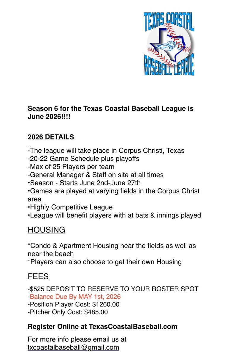 BiCatching's tweet image. Looking for players to come play for me this summer in the Texas Coastal Baseball League in Corpus Christi, TX. All positions available, message me for more info!