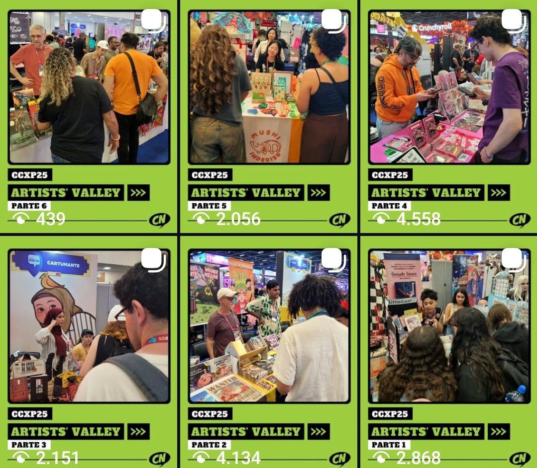 Foram seis posts com mais de 120 artistas do Artists' Valley da CCXP25 divulgados. Para os expositores que ficaram de fora, podem ter certeza que durante os próximos eventos vocês também vão aparecer por aqui 💚.

Visite o CN e veja os posts 🥰: instagram.com/coberturanerd