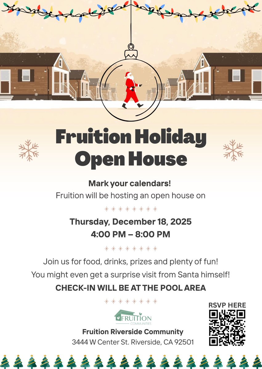 FruitionCo's tweet photo. 🎄 You’re invited! Join us for our Holiday Open House at Fruition Riverside — tour the community, meet the team, enjoy festive vibes + treats. Bring a friend! ✨🏡 #OpenHouse #HolidayEvent #RiversideCA 
RSVP HERE: https://t.co/rS0T98TVFy https://t.co/2EnjwxSIQ4