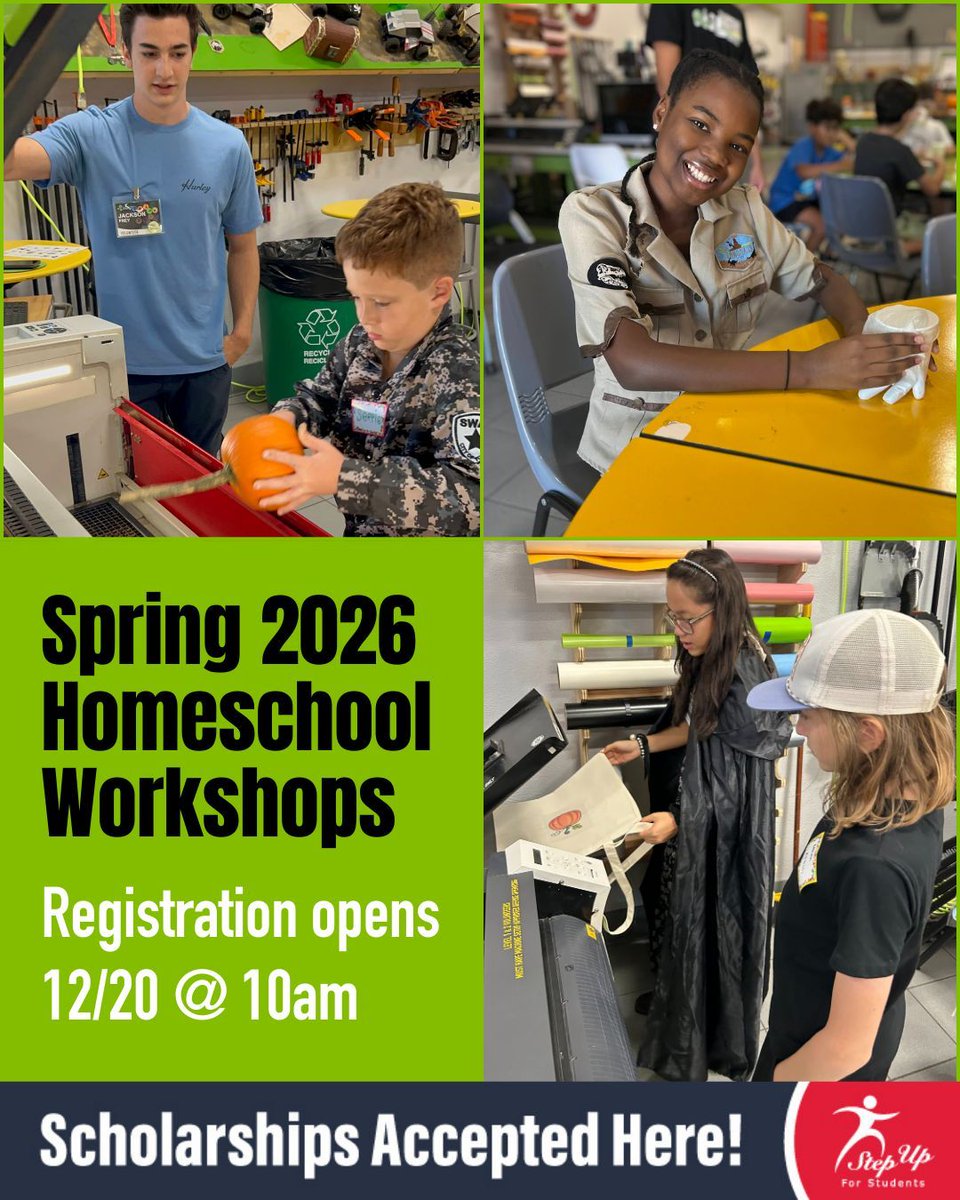 Join our Spring Homeschool Workshops at #FabLab for hands-on #STEAM activities! Sign up starts this Sat, 12/20 at 10am. Scholarships from Step Up for Students are accepted. Visit suncoastscience.org/homeschool for details. We look forward to tinkering and discovering with you! #sarasota