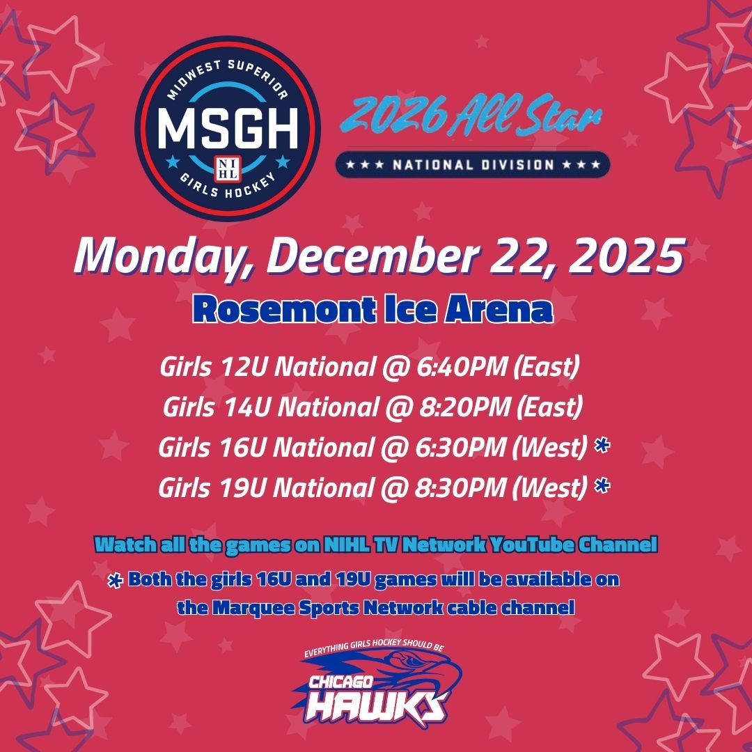 hawkshockeyclub's tweet photo. Good Luck to all of our Hawks Girls participating in the 2026 NIHL National Division All Star Games! The games will be held at the new arena in Rosemont on Monday, December 22nd starting at 6:30p.m. #BeAHawk https://t.co/5WrMoVl075