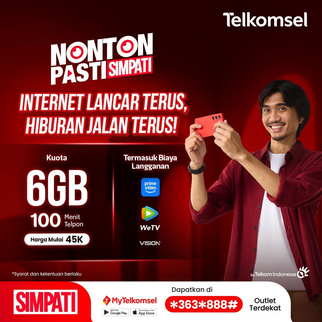 Mau Internetan 30 hari tanpa khawatir kuota habis? Pakai paket bulanan SIMPATI aja!

Dapatkan 6GB, 100 menit nelpon, plus bebas biaya langganan Prime Video, WeTV, dan Vision+ mulai dari Rp45 ribu aja! 🥳

Aktifkan di MyTelkomsel atau klik tsel.id/internetbulanan,  dial *363*888#