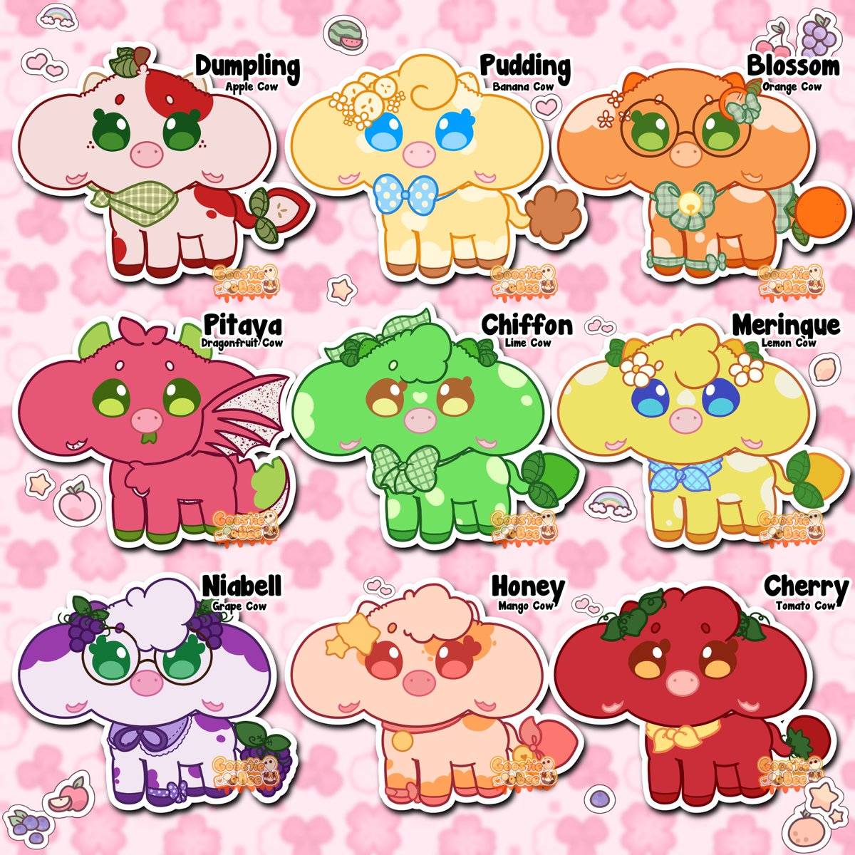 yourlocalgoost's tweet photo. I've been redesigning some cows on my off time, but here's the old ones for now!

What fruit cow is your favorite? 🐮 https://t.co/06R5l5tuXW
