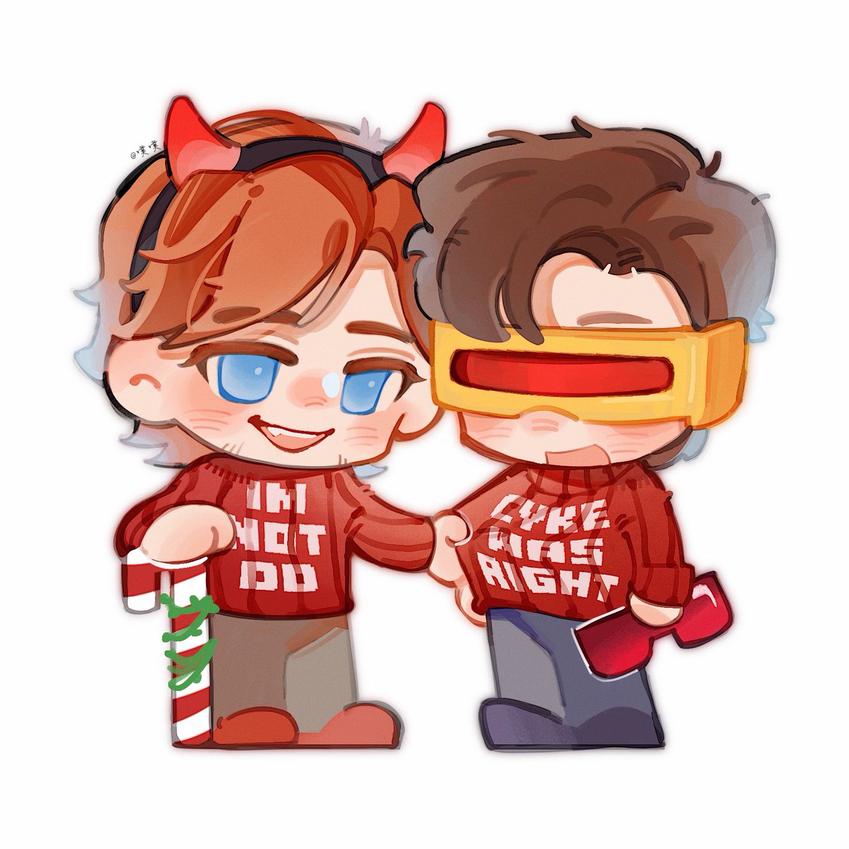 所以现在你也穿着红色毛衣，上面写了什么？
（为了贴在一起的时候不撞眼镜所以摘下来了，另外一个可不能摘x）
#daredevil #cyclops