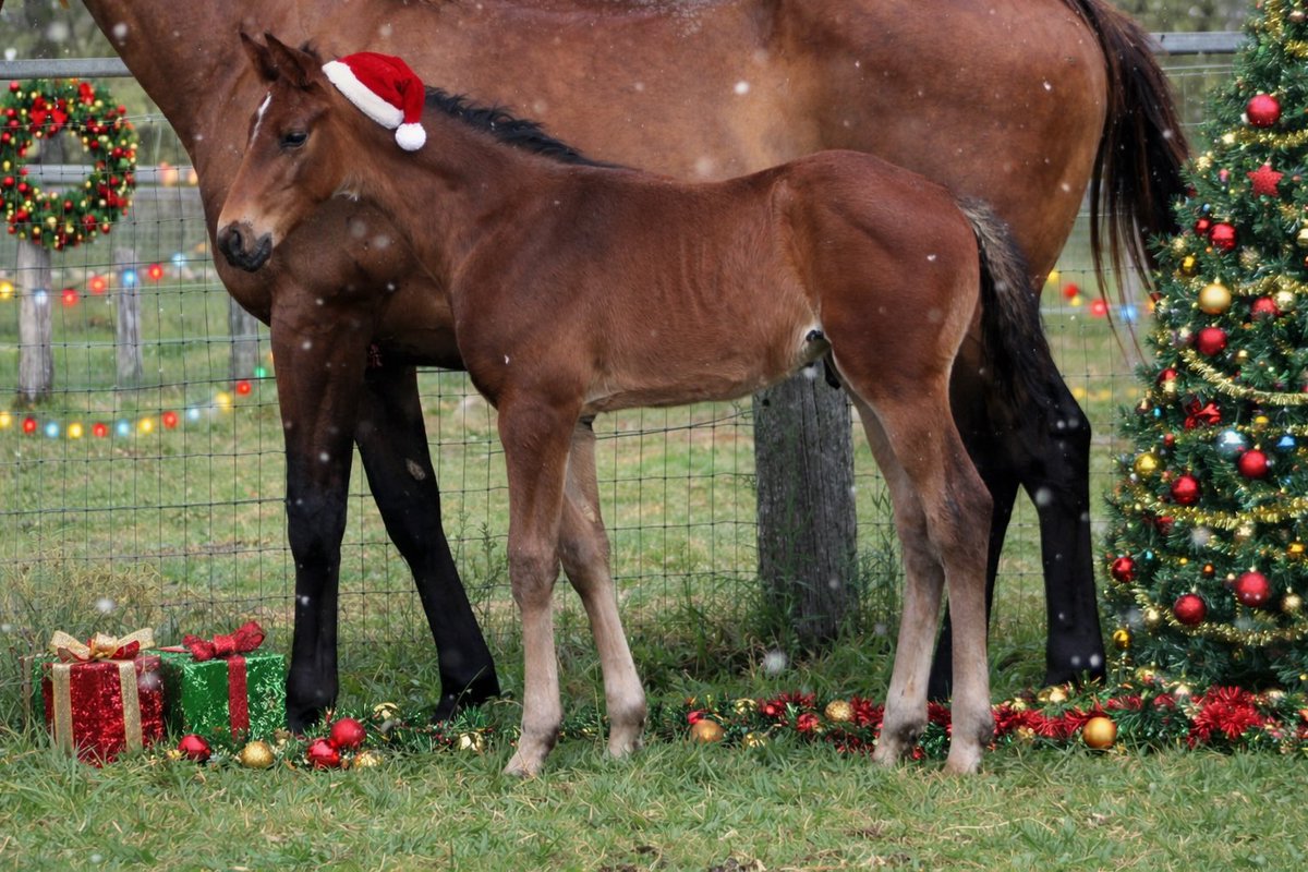 AquisFarm's tweet photo. 🎅 HO HO HO… HERE THEY COME!

The Officiating foals keep arriving — and this one’s a Christmas cracker‼️

📸 23-day-old colt from stakes-winning Snitzel mare Vienna Miss https://t.co/QpCJ5H0WvS