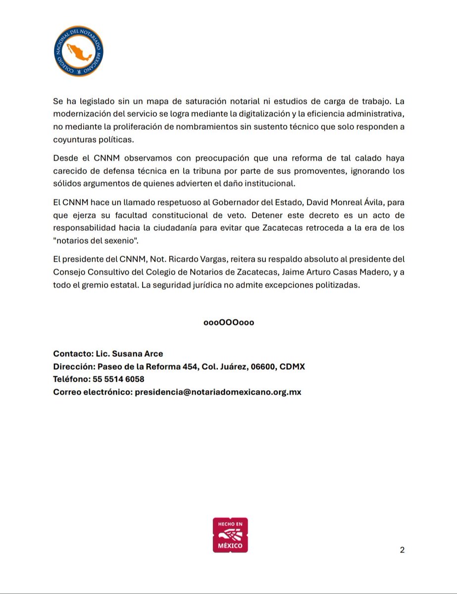 #Comunicado 

El Colegio Nacional del Notariado Mexicano, manifiesta su enérgico rechazo a la reciente reforma a la Ley del Notariado aprobada por la LXV Legislatura del Estado de Zacatecas, ante lo que se considera un retroceso histórico que vulnera la seguridad jurídica  de la