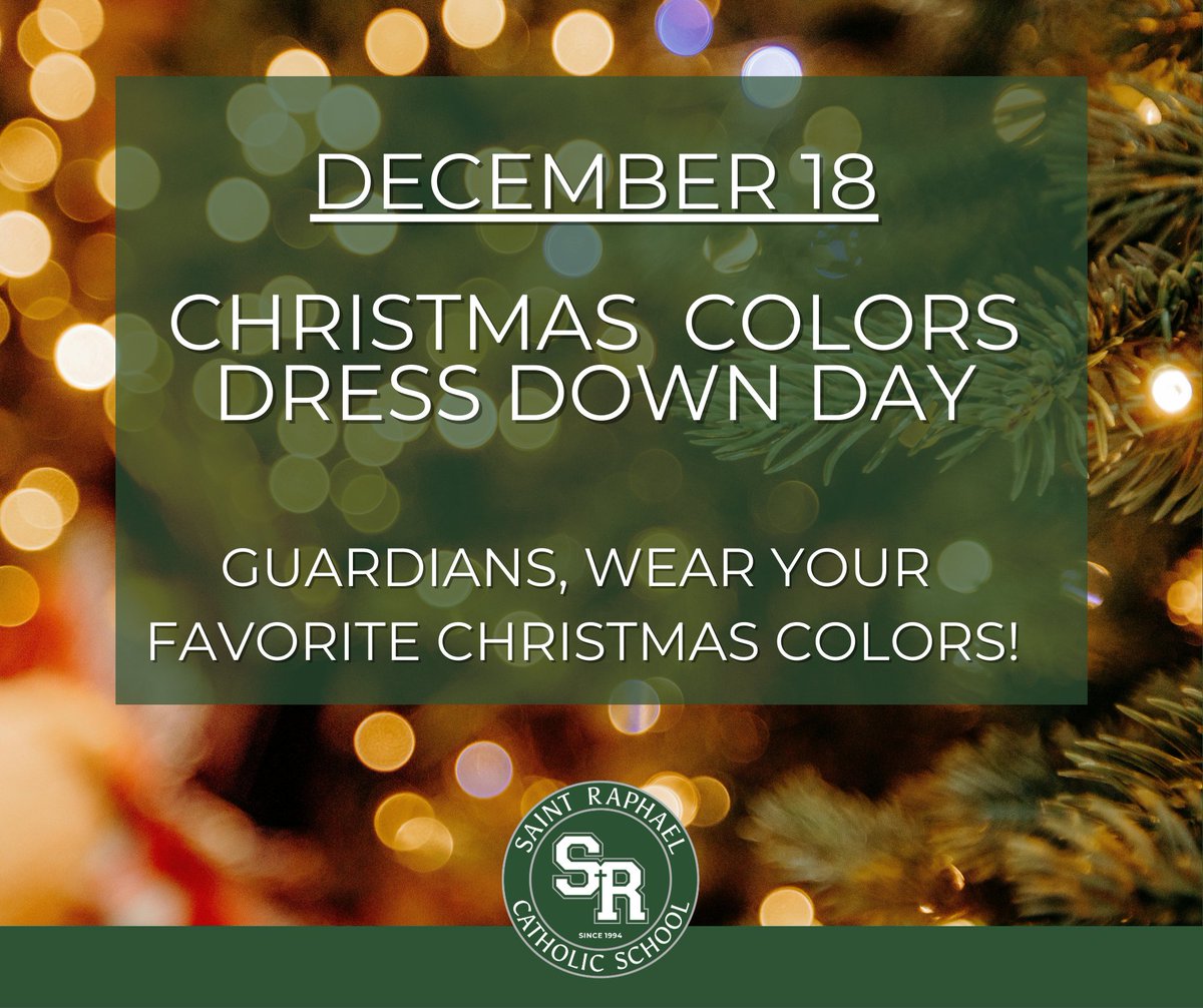 Tomorrow is a Christmas Colors Dress-Down Day! 🎄Guardians may wear their favorite Christmas colors to fill the SRCS halls with Christmas cheer! Please remember to follow the non-uniform dress code guidelines outlined in the Student and Family Handbook.
