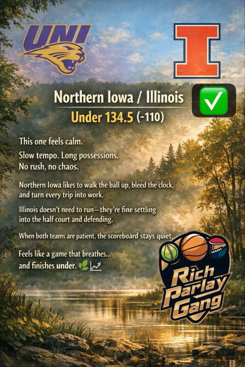 rich_parlaygang's tweet photo. π₯ BANGGGG! Bet β
WON
Northern Iowa / Illinois U β Under 134.5 (-110)
#Under134 #WinningBet #CollegeBasketball #BettingWin #SmartBet #HoopsAction #CashIn #BettingSuccess https://t.co/C9msvppdvf
