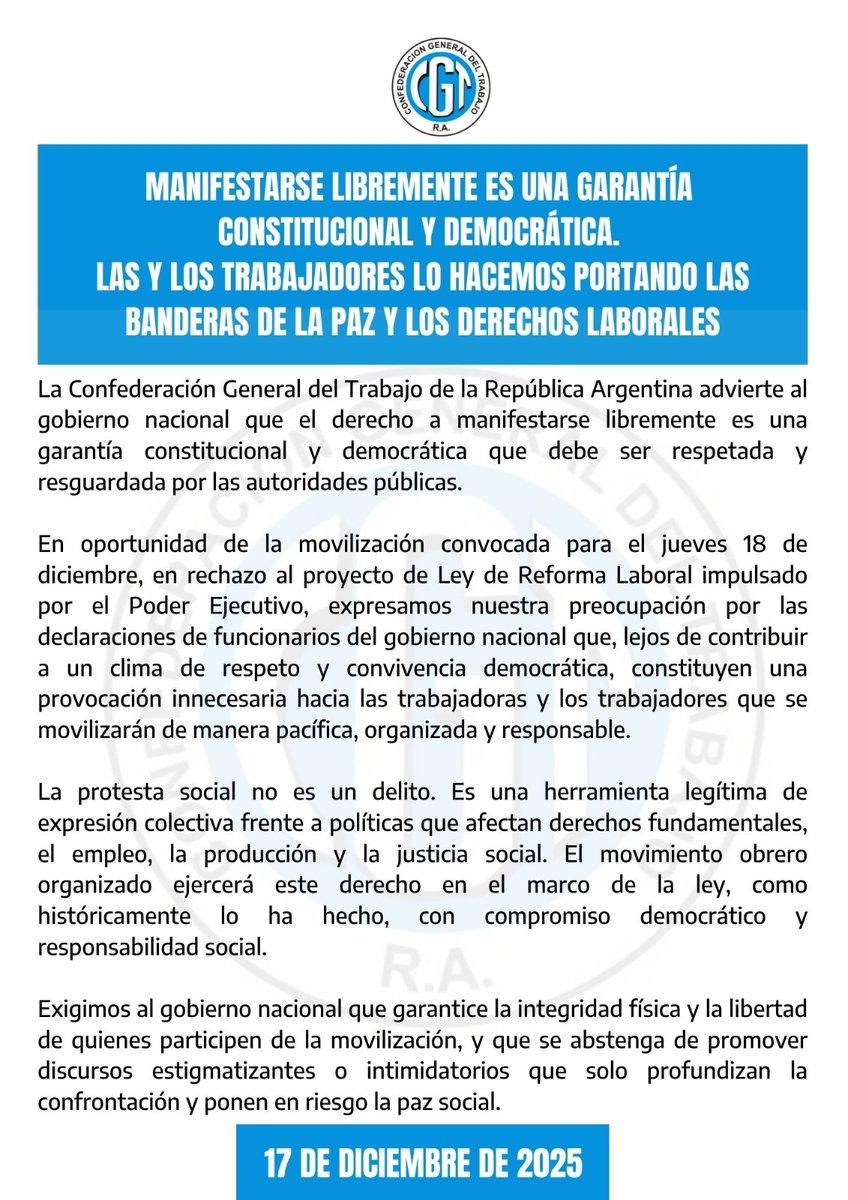 ‼️ MANIFESTARSE ES UN DERECHO, NO UN DELITO

Desde la CGT le exigimos al Gobierno nacional garantías para una protesta segura, sin amenazas ni estigmatización.
La paz social se cuida respetando la Constitución. Las y los trabajadores nos movilizamos en paz.

18D - Plaza de Mayo