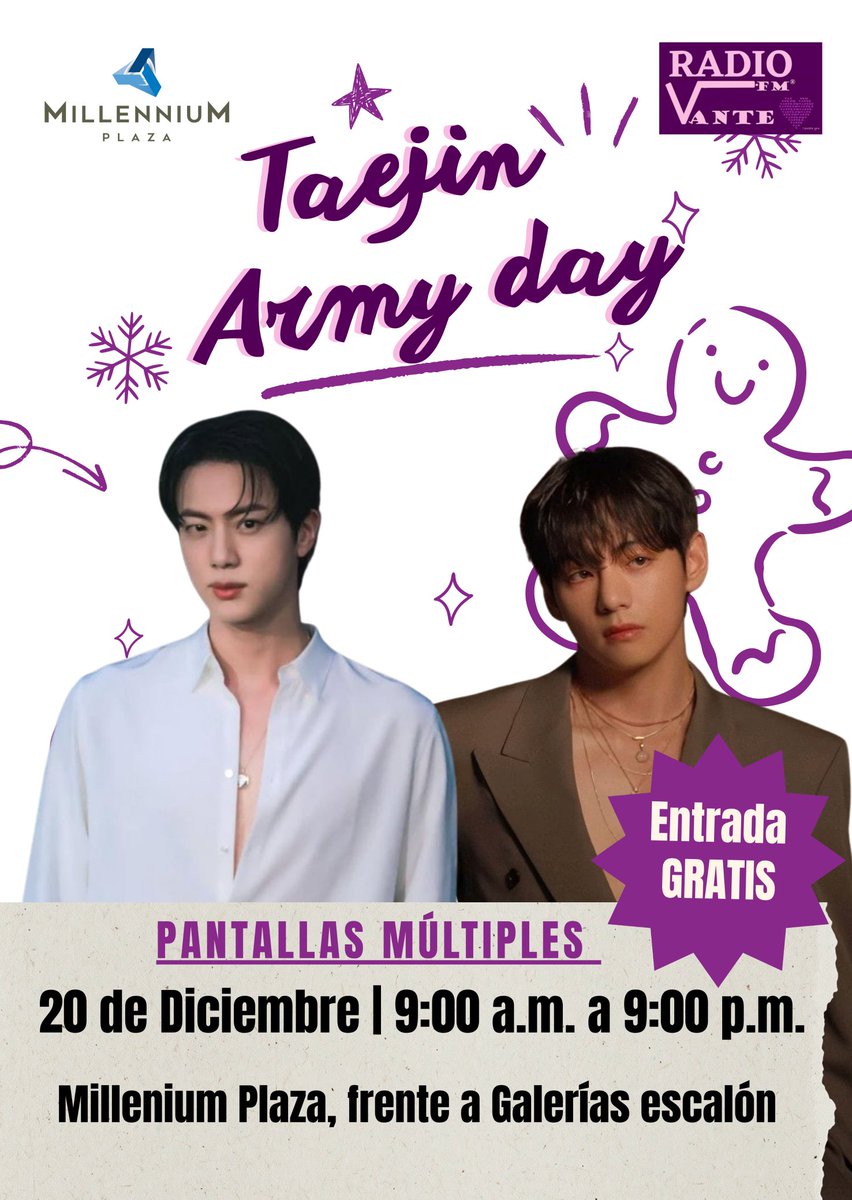 radiovantefm's tweet photo. ARMY EL SALVADOR 💜 
CELEBRACIÓN DE HBD🥳DE NUESTRO TAEJIN🐻🐹🎂

TENDREMOS 6 PANTALLAS MÚLTIPLES 😍💜

LUGAR: MILLENNIUM PLAZA CENTRAL 
HORA 9:00 AM A 9:00 PM
FECHA: SÁBADO 20 DE DICIEMBRE 

TENDREMOS REGALOS DE NUESTROS PATROCINADORES OFICIALES🥳

ENTRADA GRATIS 😎

NO FALTES https://t.co/RqmDCn3Bt2