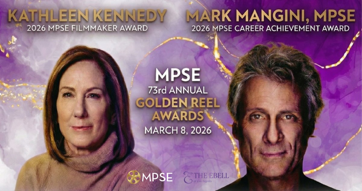 mpseorg's tweet photo. Two icons.
One night.

Legendary Sound Designer Mark Mangini, MPSE and Lucasfilm President Kathleen Kennedy will be honored with the Motion Picture Sound Editors Career Achievement and Filmmaker Awards, respectively, at the 2026 MPSE Golden Reel Awards. https://t.co/0dNzzLIHXI