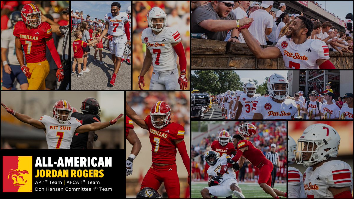 PittStGorillas's tweet photo. Jordan Rogers is one of one.

Rogers earns 1st Team All-America honors from the AP, the AFCA and the Don Hansen Football Committee 🦍🏈

@GorillasFB|@pittstate https://t.co/VAbjagV8qe