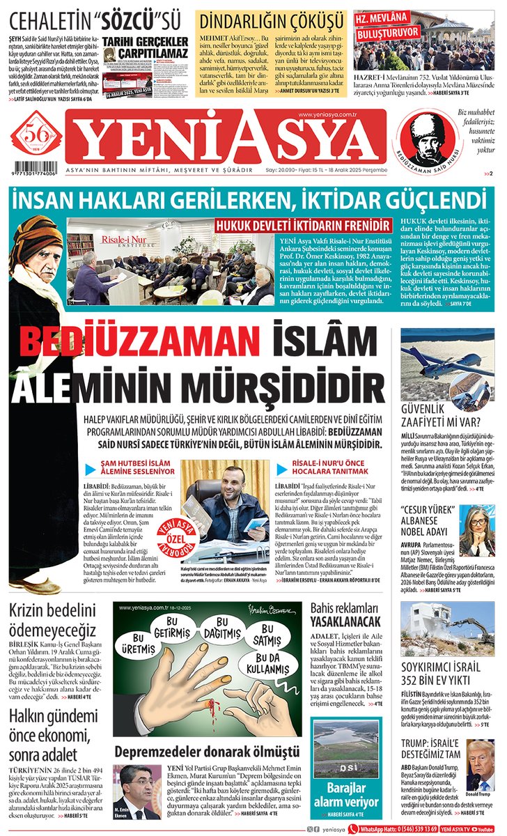 18 Aralık 2025 Yeni Asya 1. Sayfa yeniasya.com.tr/e-gazete/