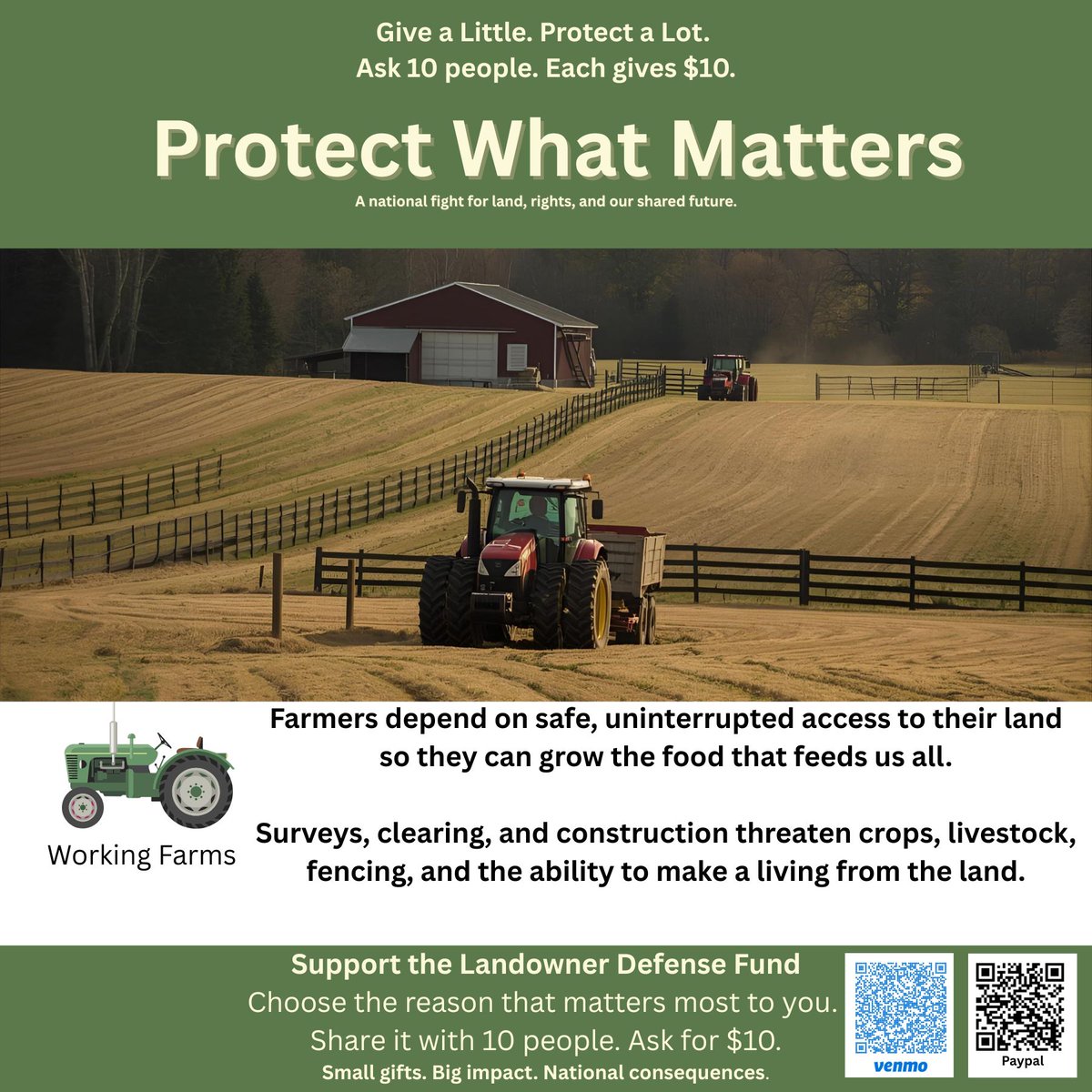 STOPMPRP's tweet photo. When working farms are disrupted, local food systems and rural economies suffer.
If you care about farms, please share.

Ask 10 people. $10 each. Small gifts. Big impact.

Support the Landowner Defense Fund:
PayPal: https://t.co/jZMFVMm1p3

Venmo: https://t.co/6ziNbTVuId https://t.co/3nU0xvCSTc