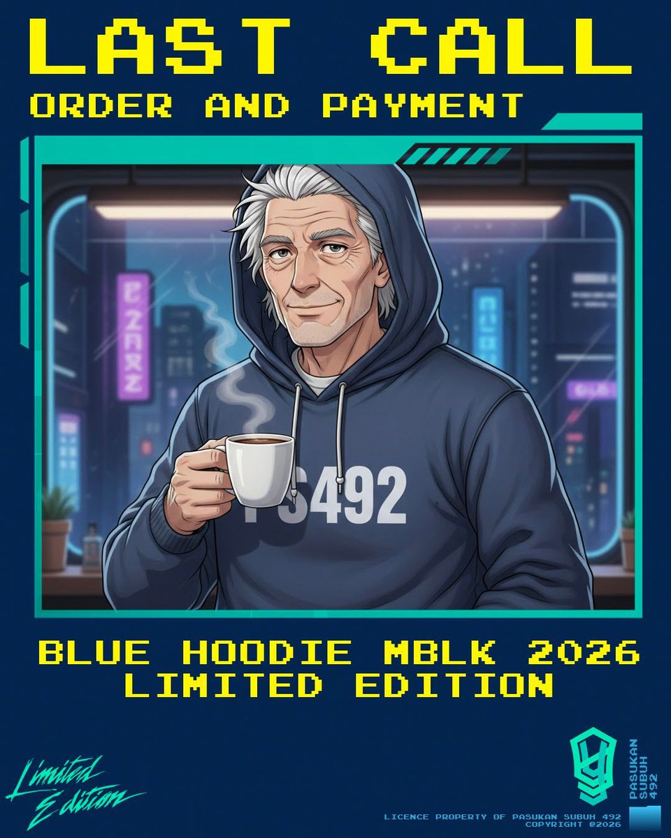 *LAST CALL  HOODIE ORDER*

Pemesanan dan pembayaran merchandise MBLK 2026. 

HOODIE MBLK Hanya IDR 150K-200K, Blue donker, Fleece, Plastisol, Bordir

Klik here : ps492.or.id/order/

#MBLK26 #NoMudikNoParty #Mudik #MudikBareng #PasukanSubuh #PS492