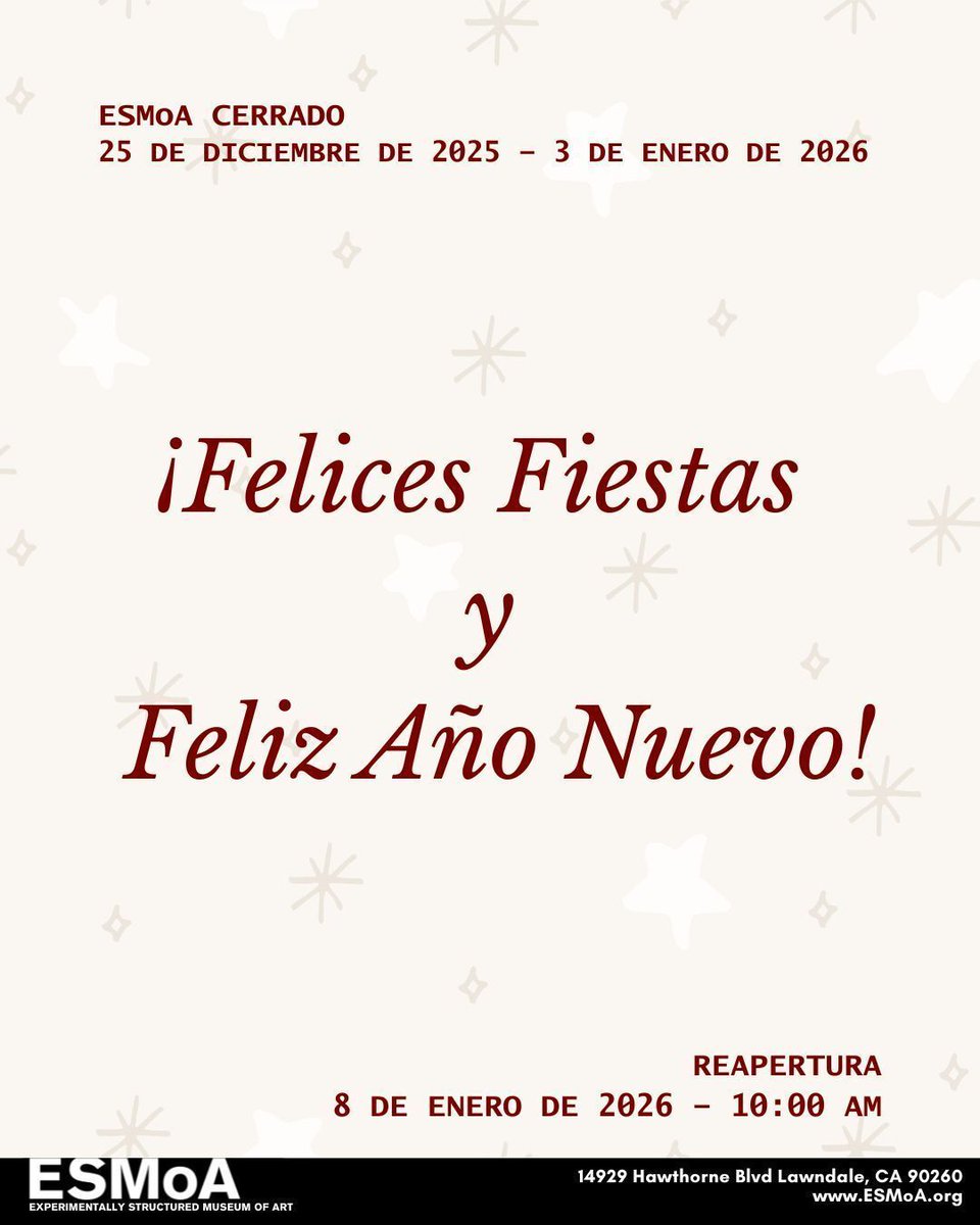 esmoaorg's tweet image. ESMoA will be closed December 25, 2025–January 3, 2026, and will reopen January 8. Happy Holidays and Happy New Year!
-
ESMoA estará cerrado del 25 de diciembre de 2025 al 3 de enero de 2026 y reabrirá el 8 de enero. ¡Felices fiestas y feliz Año Nuevo!