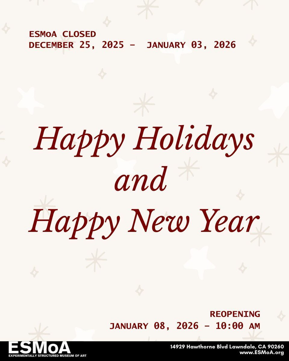 esmoaorg's tweet image. ESMoA will be closed December 25, 2025–January 3, 2026, and will reopen January 8. Happy Holidays and Happy New Year!
-
ESMoA estará cerrado del 25 de diciembre de 2025 al 3 de enero de 2026 y reabrirá el 8 de enero. ¡Felices fiestas y feliz Año Nuevo!