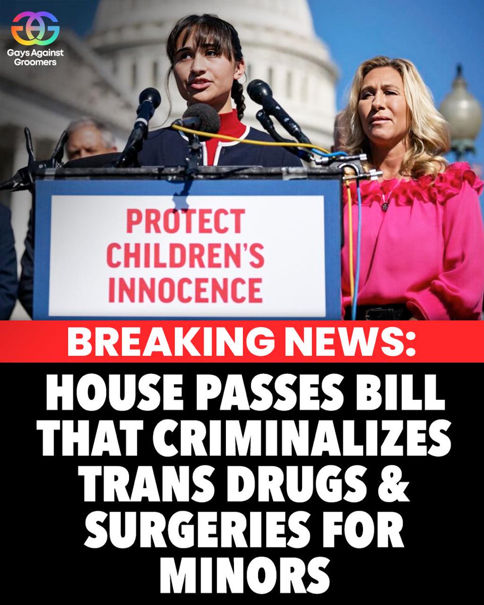 againstgrmrs's tweet image. 🚨 BREAKING: HOUSE PASSES THE PROTECT CHILDREN'S INNOCENCE ACT!

This bill creates new federal crimes that carry up to 10 years in prison for doctors performing transgender surgeries on minors, while also making it a crime to prescribe chemical castration drugs (aka puberty…