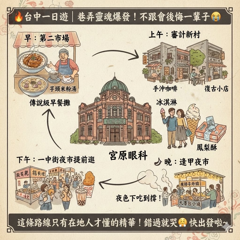 Junhua_w's tweet photo. 🔥 台中一日遊｜巷弄精華！不跟後悔😭
🌅 早：第二市場 → 魯肉飯、芋頭米粉湯暖胃首選🍲
☕ 上午：審計新村 → 老屋喝手沖、逛文青小店療癒☕️
🍴 午：宮原眼科 → 華麗古蹟吃冰淇淋、買鳳梨酥🍨
🛍 下午：一中街 → 雞排配珍奶，街頭經典下午茶！
🌙 晚：逢甲夜市 → 爆漿章魚燒、大腸包小腸吃到撐🔥 https://t.co/wNKSt6FyrH