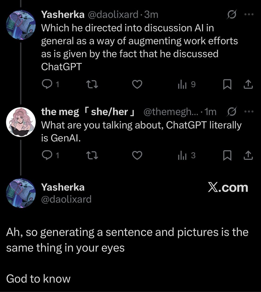 Lmaaaao. Like yeah I think they’re the same because they literally are. The only difference is one is trained on stolen writing and the other is trained on stolen art. This fucking clown. 😭