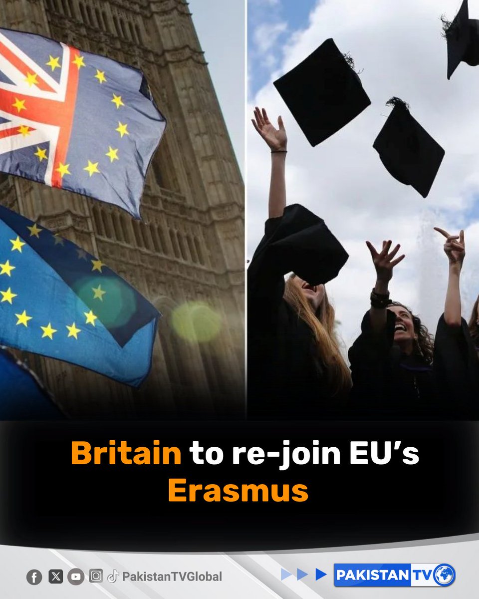 PakTVGlobal's tweet photo. Britain announces that it will rejoin the EU’s Erasmus student exchange programme in 2027, 6 years after it ditched the scheme during fractious Brexit negotiations. #Erasmus #ErasmusProgramme #UKRejoinsErasmus #Brexit #StudentExchange #BritishEducation #EUUKRelations #PakistanTV #PakistanTvglobal