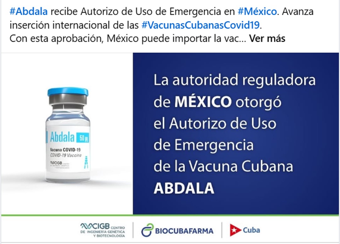 Un día como #hoy hace 4 años, #Cofepris aprobó el uso de emergencia de nuestra vacuna #Abdala en #México 🇲🇽. Con esta aprobación basada en evidencias científicas, México pudo incluir #Abdala en su Plan Nacional de Vacunación contra la #COVID19.
Un logro de la #CienciaCubana.