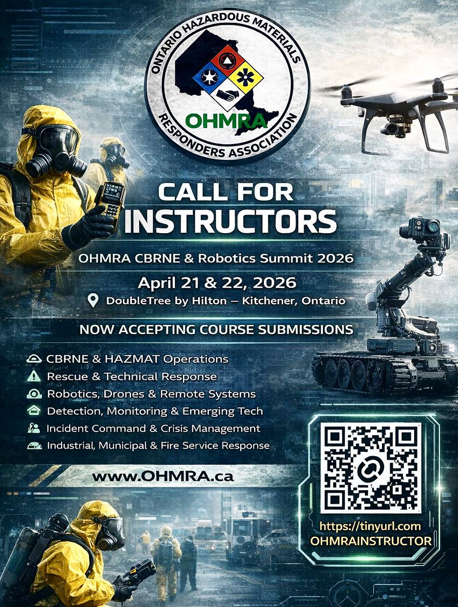 🚨 CALL FOR INSTRUCTORS – CANADA’S PREMIER HAZMAT CONFERENCE ☢️ The Ontario Hazardous Materials Responders Association is now welcoming speakers for the Hazmat Summit 2026, taking place April 2026 in Kitchener, Ontario. @OhmraA #OHMRA #HazmatConference #CBRNE <a href="/HazmatandRescue/">Hazmat and Rescue Training</a>