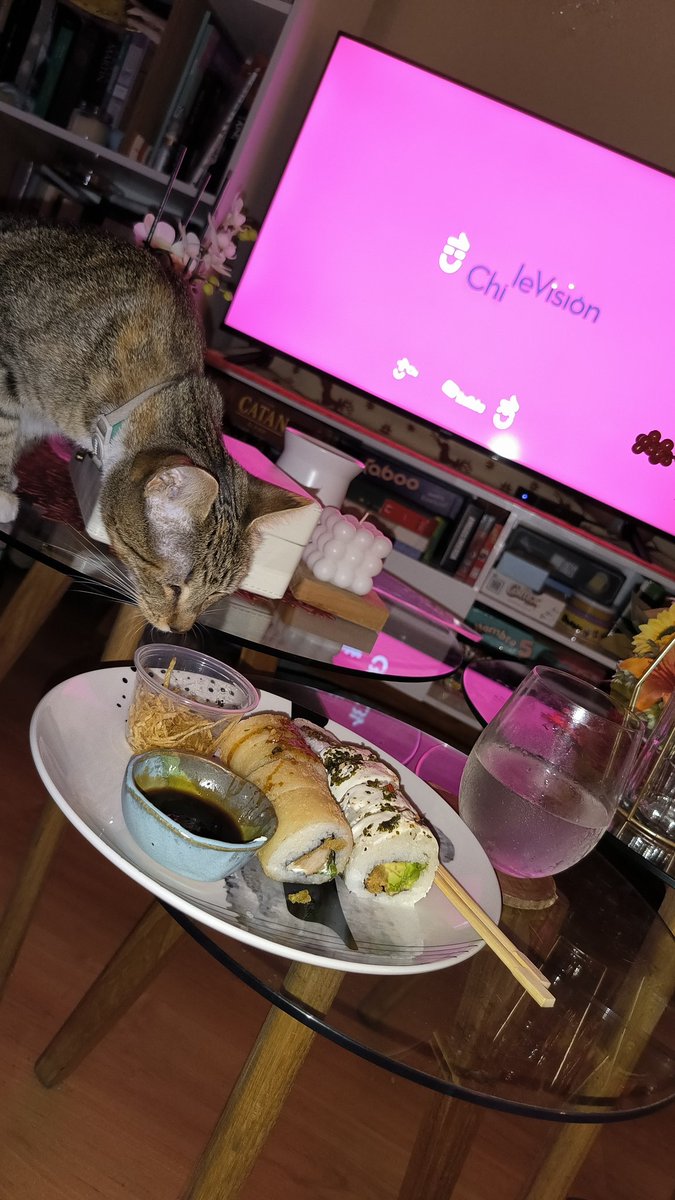 verooaraneda's tweet photo. Acá esperando el react con Canelita que solo quiere robar lo que me queda de sushi #FiebreDeBaileCHV https://t.co/zBIGhm5PzE