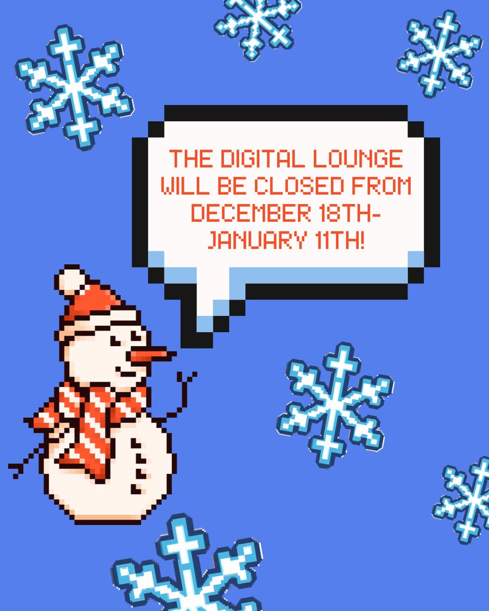 The Digital Lounge will be closed from December 18th-January 11th! You can email mailto:annenbergdl@usc.edu with any questions, but we will not be monitoring the inbox from December 24th-January 1st. Enjoy the break, and we'll see you next year! ☃️ ❄️