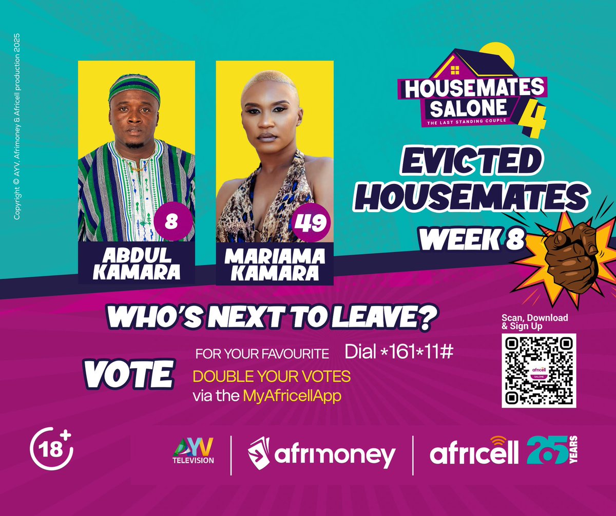 housematessl's tweet photo. Evicted Housemate for Week 8, mid-week eviction. 

Abdul Kamara and Mariama Kamara have been evicted from the house. #HMSL4 💔. 

Their journey may have ended, but for the remaining Housemates, the #CleanGame continues, and it’s only getting tougher 👀🔥. https://t.co/hus441gcc5