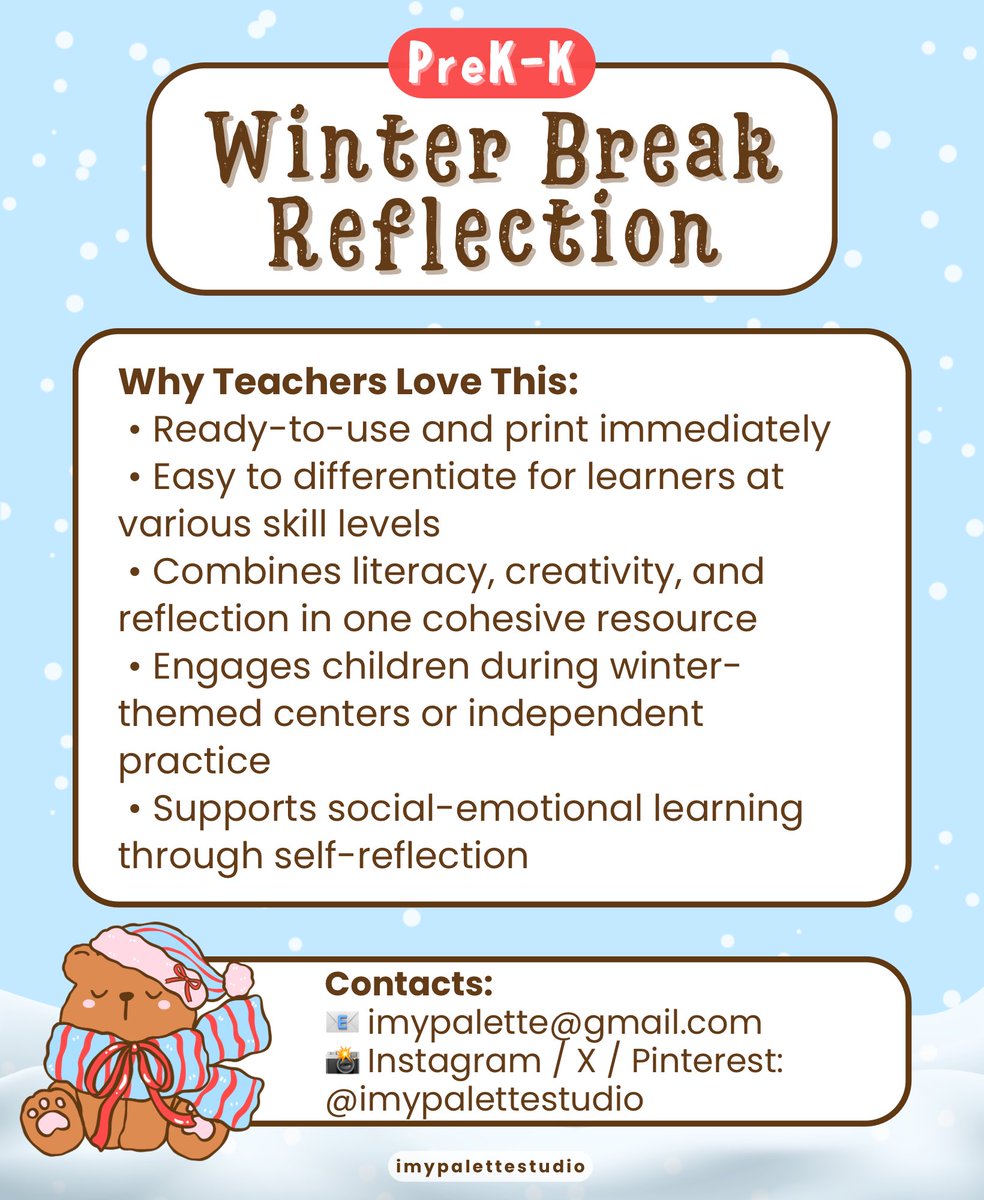 imypalettex's tweet photo. 📘This winter workbook allows PreK–K learners to recall break events with drawing activities, writing practice, and thoughtful prompts.

GET IT NOW ON TPT
🔗 https://t.co/rmiaWKVAWw

#TPT #imypalettestudio #ParentingMindset  #SeasonalLearning #WorksheetSet #KindergartenTools https://t.co/gE7qnP8hU8