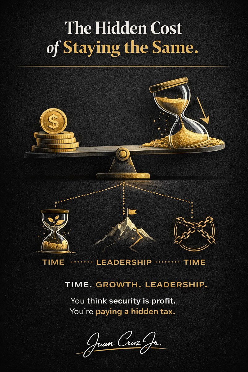 JuanCruzJr12's tweet photo. “What if I fail?”
Wrong question.

The real one:
What is it costing me to stay?

Comfort has a hidden tax:
Time.
Growth.
Leadership upside.

You don’t need to quit.
You need an exit strategy from stagnation.

Build leverage.
Create options.
Lead forward. https://t.co/5sdFuuCq2Z