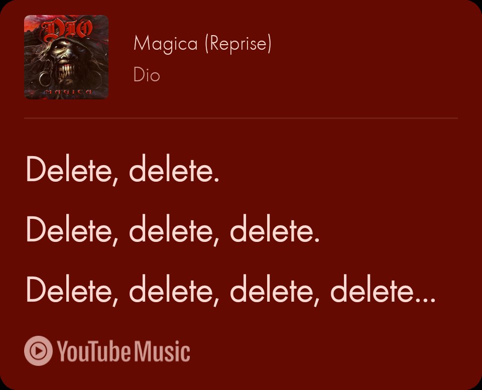 #1WordFor1Music
18 - Delete

🤗
music.youtube.com/watch?v=DlLDS1…
