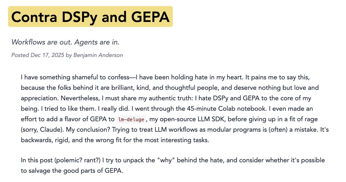 new blog post
- i hate DSPy and i'm tired of pretending i don't
- trying to implement GEPA turned me into the joker
- it's mostly my fault but there are some interesting takeaways

link below :)