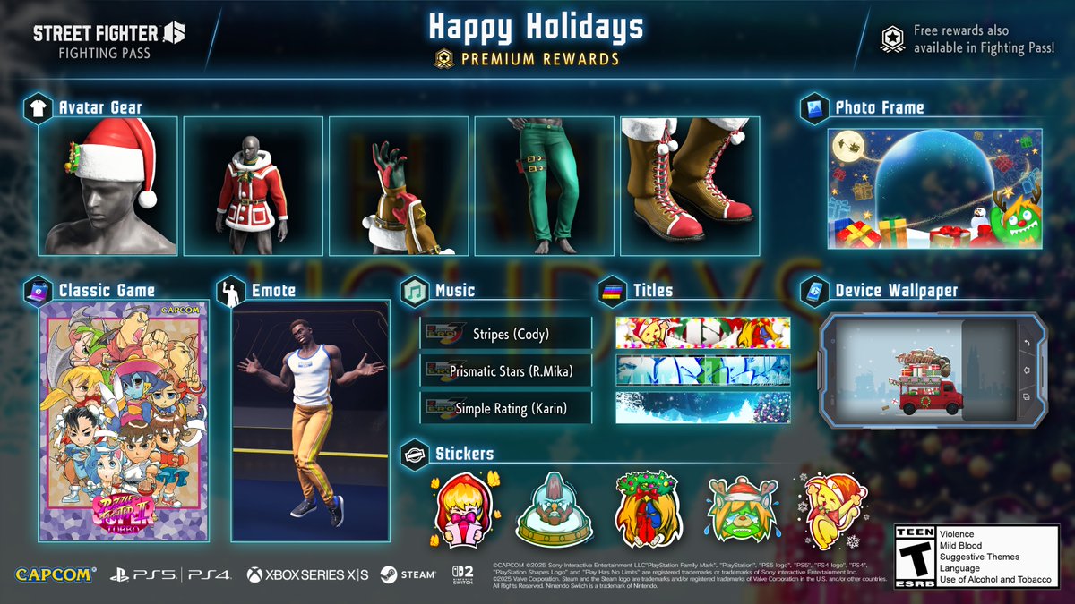 StreetFighter's tweet image. Get festive! The Happy Holidays Fighting Pass is returning, so you can get items you missed from before! 🎄