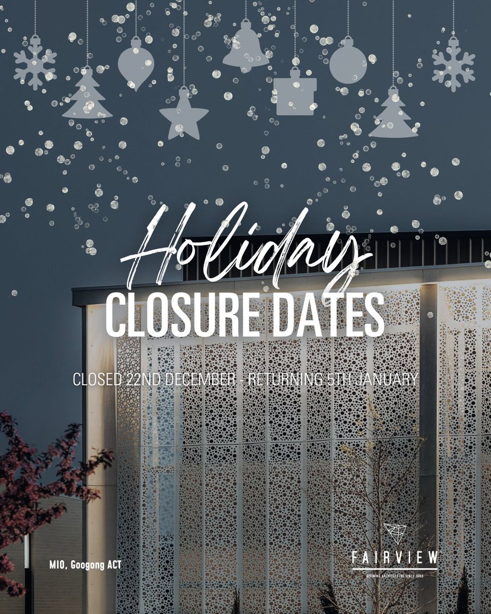 FairviewArch's tweet image. FAIRVIEW // Holiday Closure Dates

As we wrap up another successful year, please note that our office will be closed from Monday, 22nd December 2025, and will reopen on Monday, 5th January 2026.

#Fairview #CountOnFairview #CladdingSolutions #HolidaySeason #ClosureDates