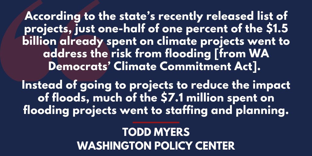 Flooding: A significant chunk of the massive tax raising Climate Commitment Act from Olympia Democrats was supposed to go to prevent flooding in Washington State, but only 0.5% has actually gone there (SB 5126 in 2021) according to the Washington Policy Center. Even worse, most