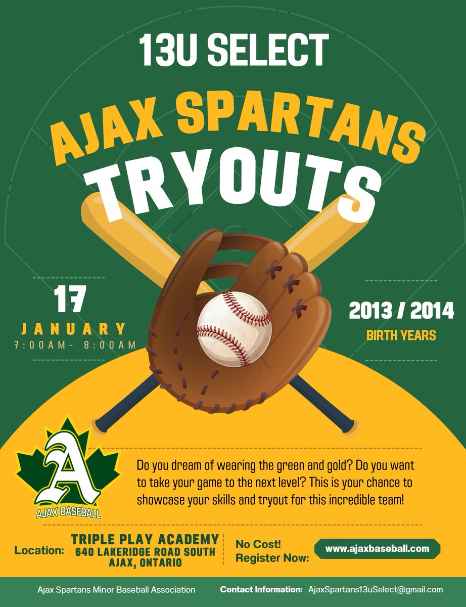 ajaxbaseball's tweet photo. ⚾ 13U Select Baseball Tryouts – REGISTER NOW!

 📅 Tryout Date: January 17, 2026 | ⏰ 7:00am - 8:00am ☀️ 

📍 Location: Triple Play Academy, 640 Lakeridge Road South, Ajax

🔗 Register https://t.co/DXg2Ucmndn

📧 : AjaxSpartans13uSelect@gmail.com https://t.co/7U0XZR98dO