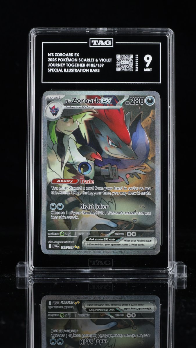 OdiousCards's tweet photo. Just dropped: N’s Zoroark ex SIR 185/159 TAG Mint 9! This Special Illustration Rare is perfect for trainers and collectors alike. Secure yours while you can! Check it out here: https://t.co/bcPqeC3PsG #Pokemon #ZoroarkEx https://t.co/jacJaOVJA0