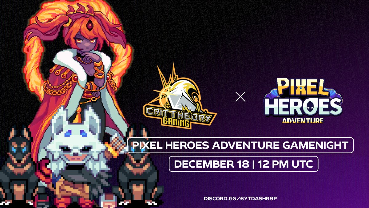Crit_Theory's tweet photo. Chaos, combat, and pixel-perfect action with @PixelHeroesMMO! 🗡️
CTG dives into Pixel Heroes Adventure for a night of hacking, slashing, and grinding together.

20K MGOLD + 20 Premium Arena Boxes up for grabs!✨
🗓️ December 18 | 12 PM UTC
📍 CTG Discord Server

Sharpen your skills — the pixel realms await.⚡