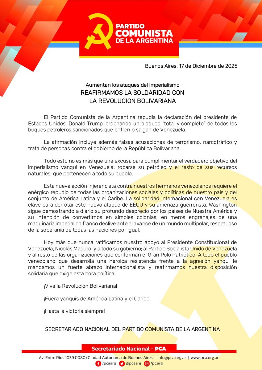 pcaarg's tweet photo. Aumentan los ataques del imperialismo.

🇻🇪 REAFIRMAMOS LA SOLIDARIDAD CON LA REVOLUCION BOLIVARIANA 🇦🇷 https://t.co/NNjvOG62gl
