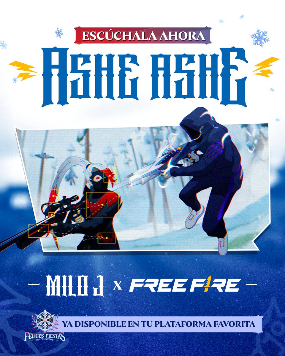 freefirelatino's tweet photo. 🔥🎶 YA PUEDES ESCUCHAR ASHE ASHE.

El ritmo de Milo J x Free Fire ya está sonando en #FelicesFiestas2025.
🔊Sube el volumen y siente la vibra aquí: https://t.co/TtCJXZgpvw

¿Se la creyeron? 😎
#DulcesSueños https://t.co/spVwGzYL8a