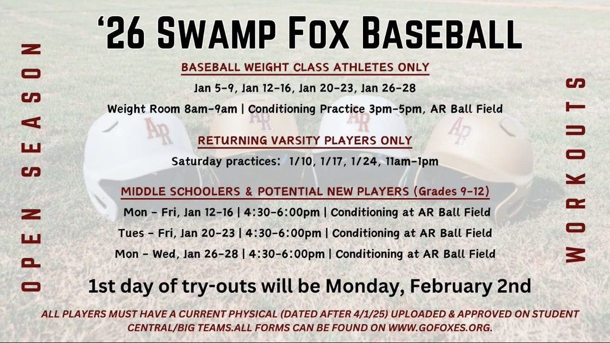 Ashley Ridge Baseball Open Season Workout Schedule