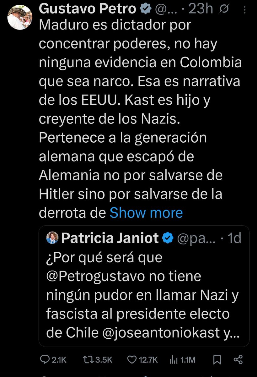 Maduro en 2015 hizo una de las deportaciones más inhumanas vistas en américa latina, fue contra Colombianos. Actualmente mantiene 20 presos políticos colombianos también, y ayer Petro lo llamó Dictador por primera vez. 

Suerte con eso Nicolas: