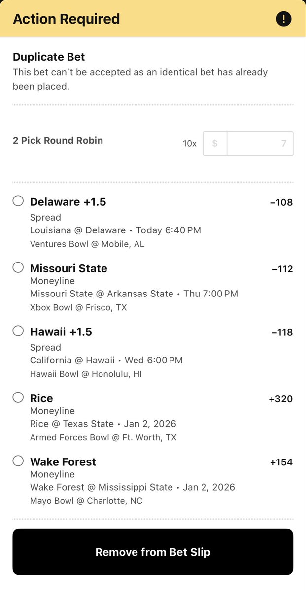 BadgeNFT's tweet photo. Trying to place Round Robin bets, shown error and then the app only places a parlay??? @DK_Assist https://t.co/vdYrW1T0VK
