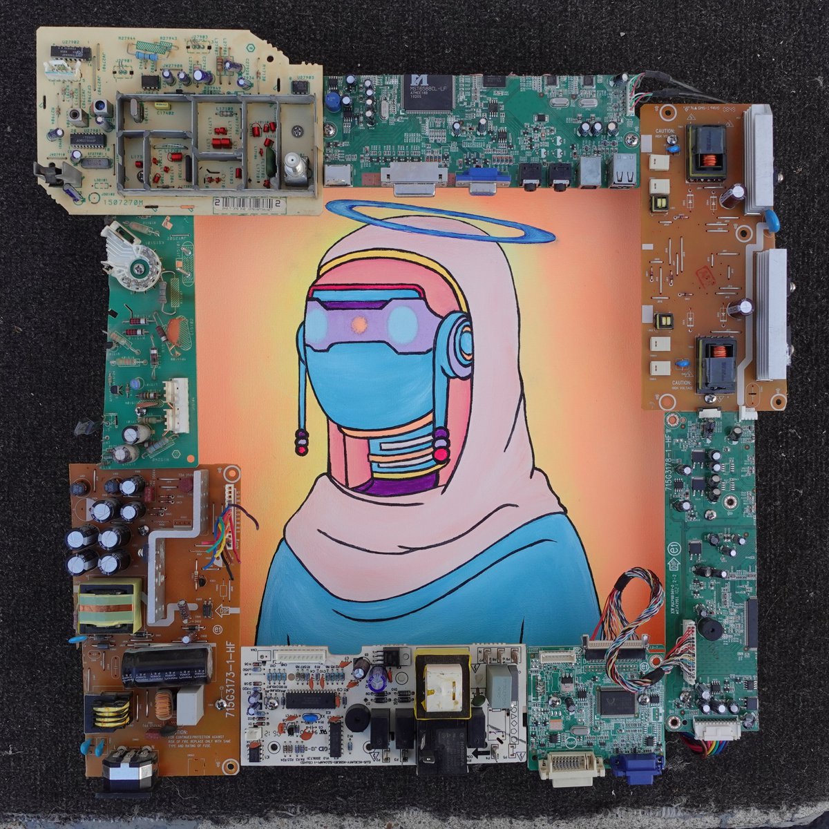 'member when I did that oil painting of my <a href="/aeoniumsky/">aeoniumsky</a> Digimonk NFT???

Well, I finally got around to building a custom frame with recycled "digi" computer parts, and since the oils I used were neon, the bonus was to install a UV LED strip inside so with the flip of a switch,